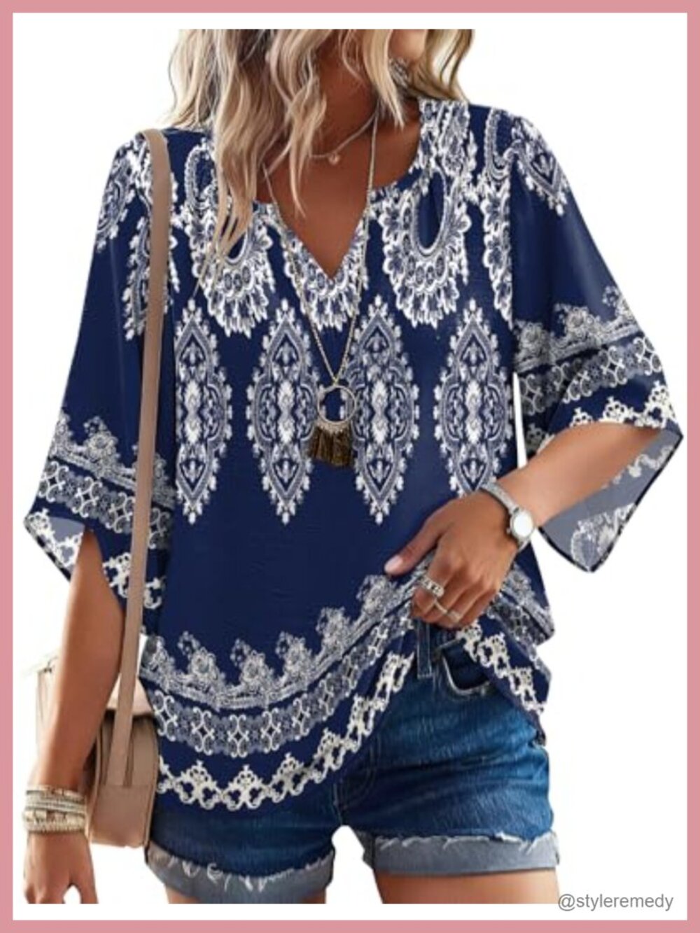 Women's 3/4 Sleeve Tunic Top Boho V Neck Loose Fit Peasant Blouse